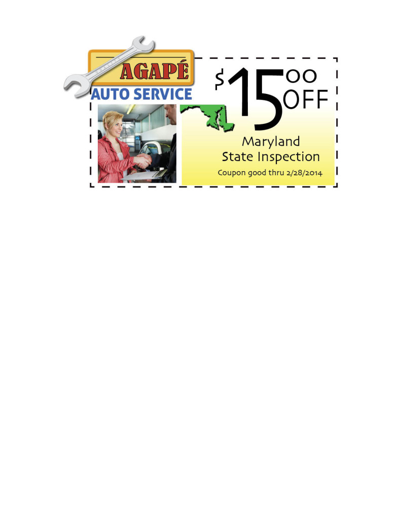 MD State Insp Coupon 15 off Agapé Auto Service