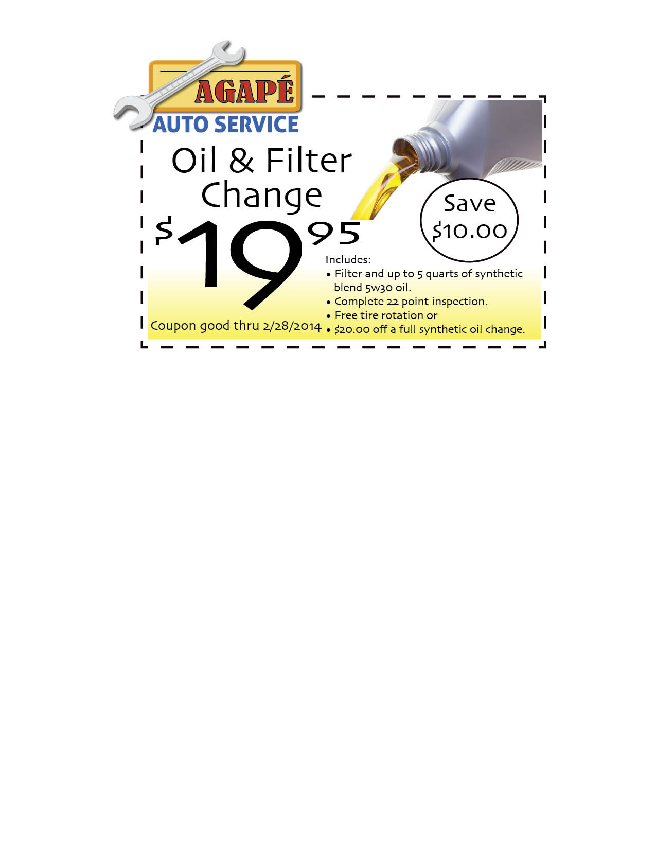 Oil change coupon Agapé Auto Service